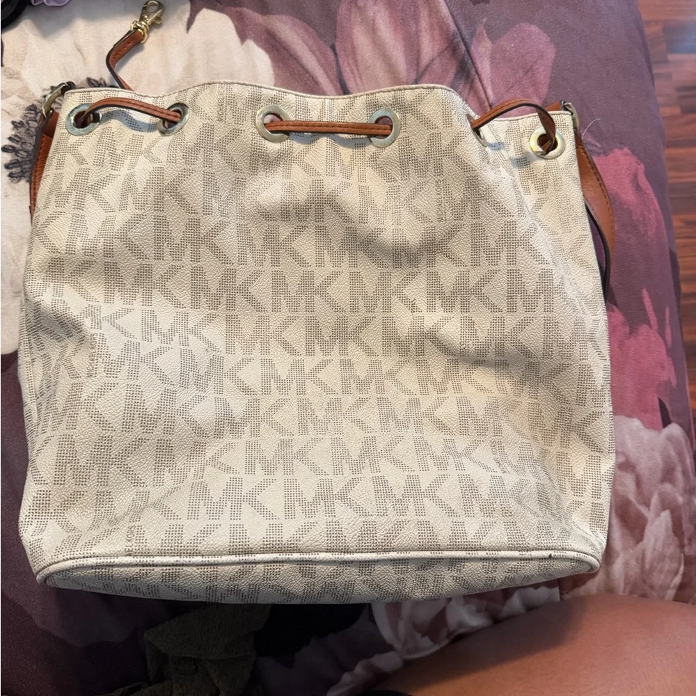 Michael Kors Cream Logo Drawstring Shoulder Bag with Brown Trim